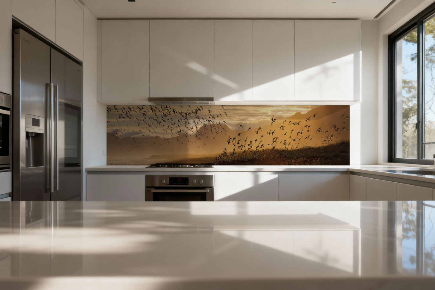 Küchenrückwand Sonnenlicht und Vogelschwarm