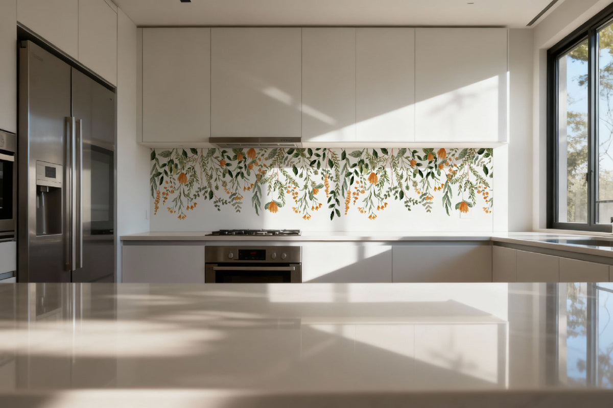 Küchenrückwand Blätter und Blüten Aquarellstil