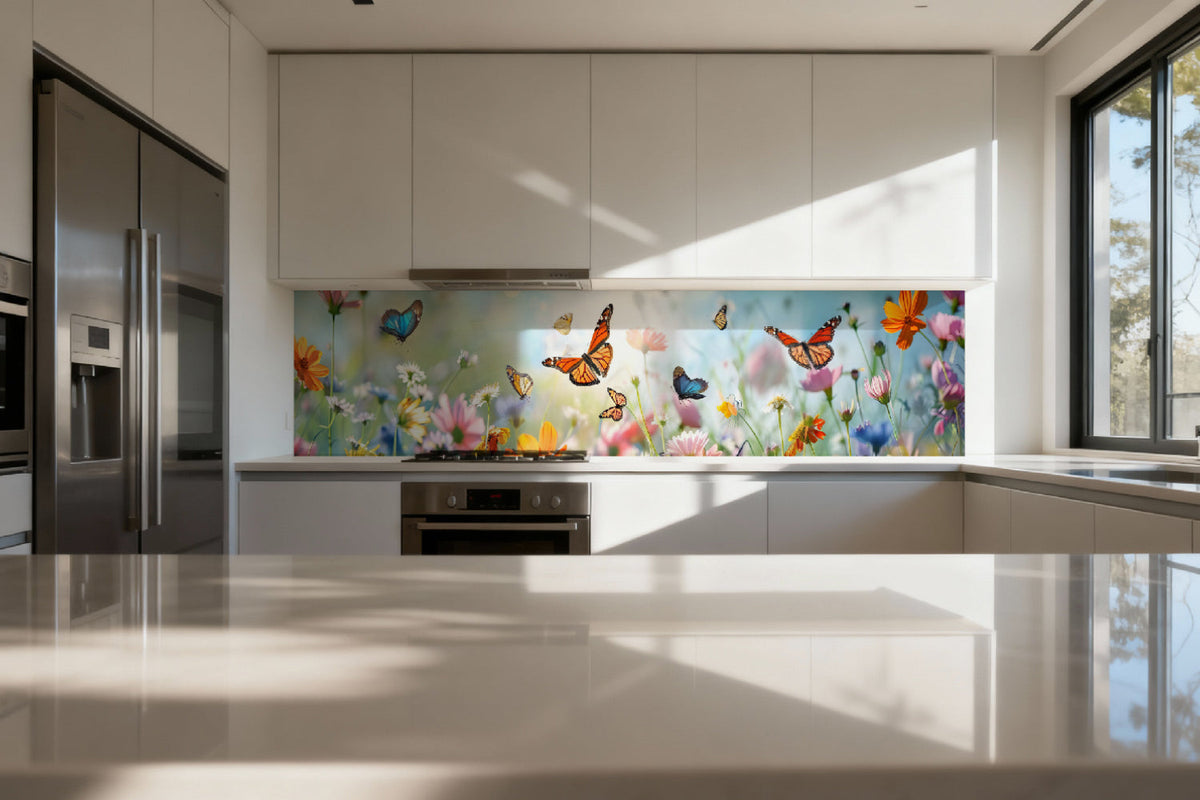 Küchenrückwand Schmetterlinge und Blumenwiese