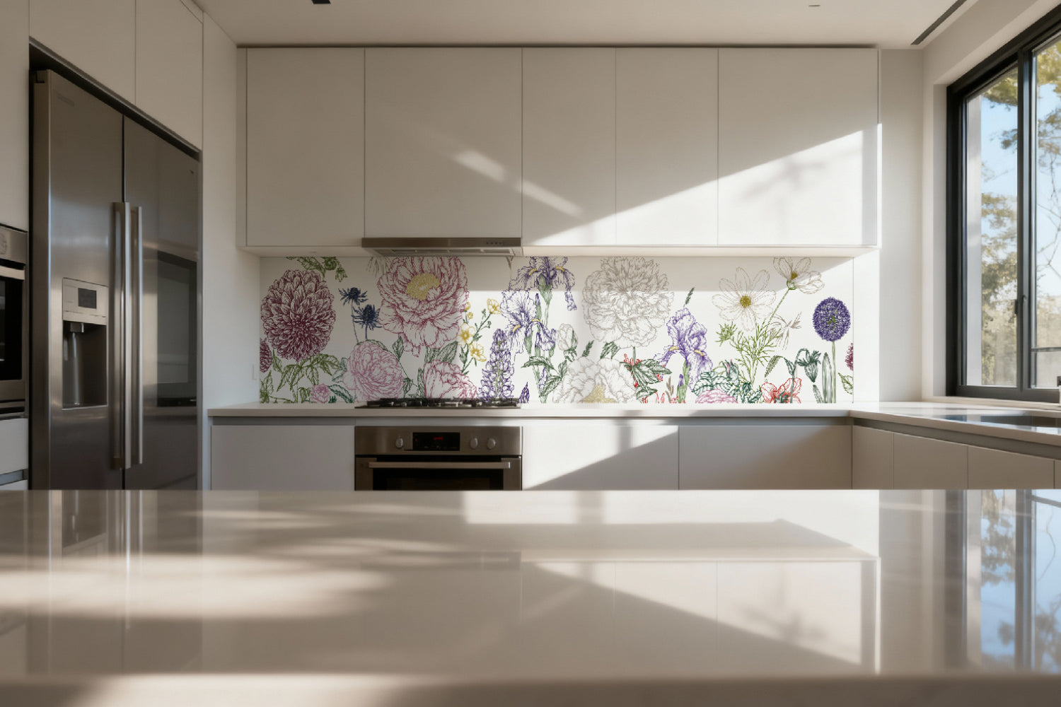 Küchenrückwand Botanische Blumenzeichnung