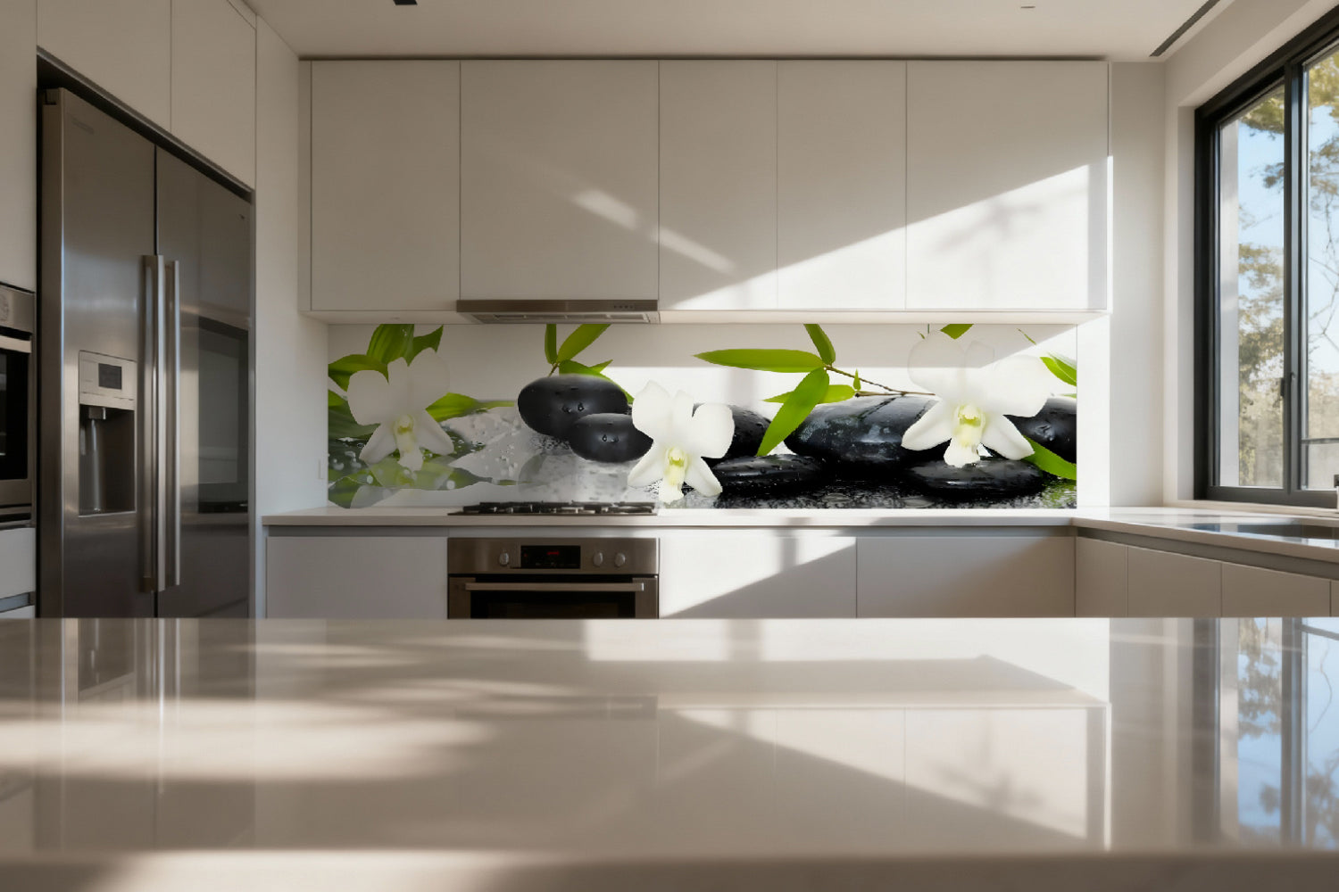 Küchenrückwand Zen mit Orchideen und Steinen