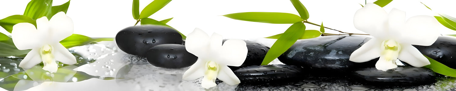 Küchenrückwand Zen mit Orchideen und Steinen