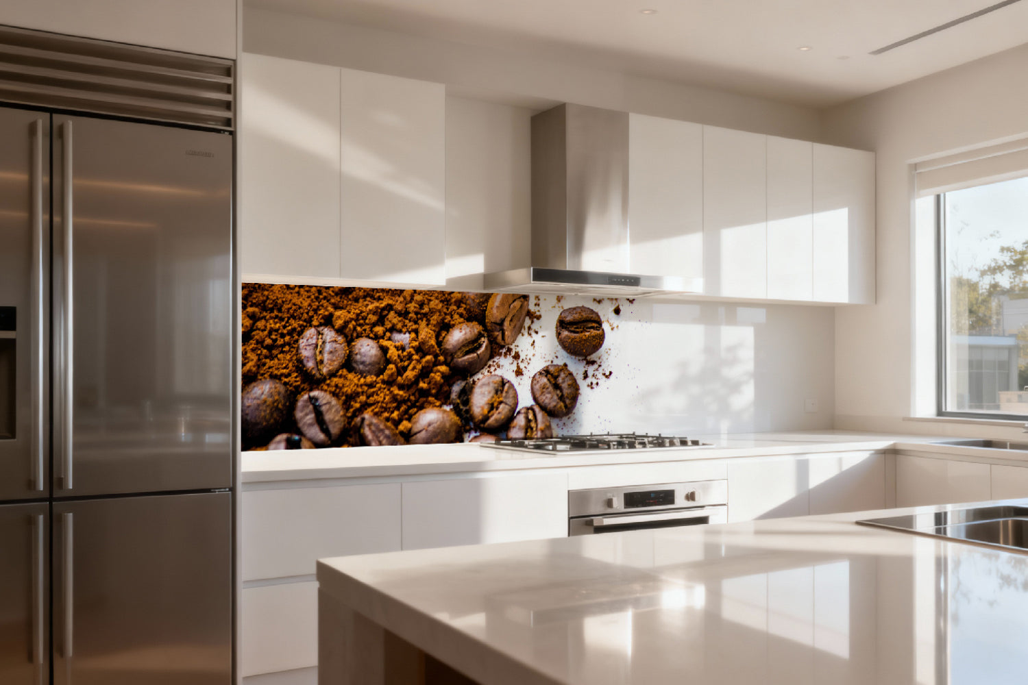 Küchenrückwand Kaffeebohnen und Pulver