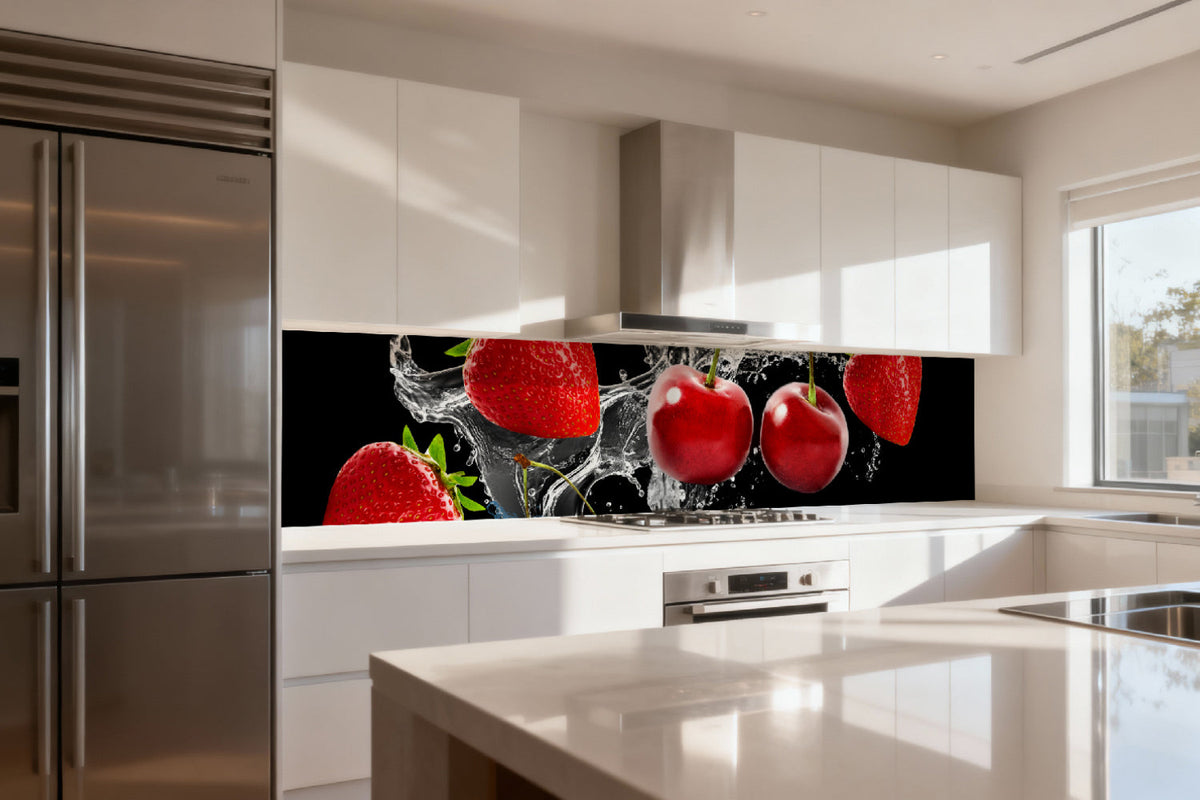 Küchenrückwand mit Erdbeeren und Kirschen