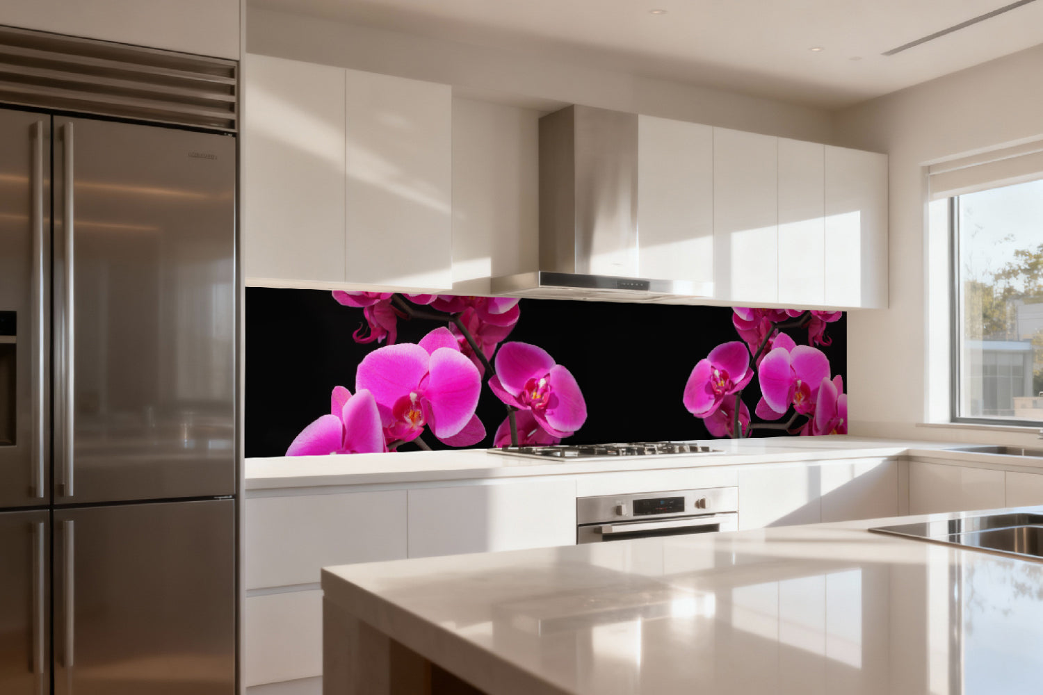 Küchenrückwand mit Orchideenblüten