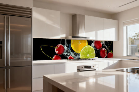 Küchenrückwand mit Obst & Wasser