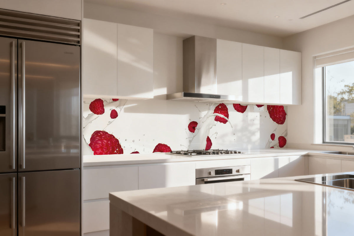 Küchenrückwand Himbeeren Milch Splash