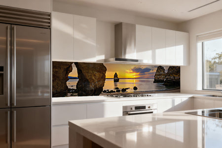 Küchenrückwand Sonnenuntergang am Felsenstrand