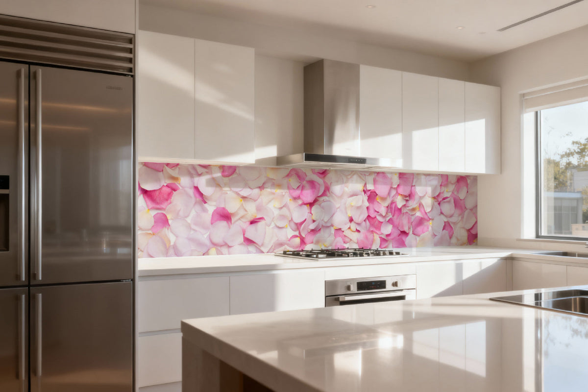 Küchenrückwand Rosenblätter in Rosa & Weiß