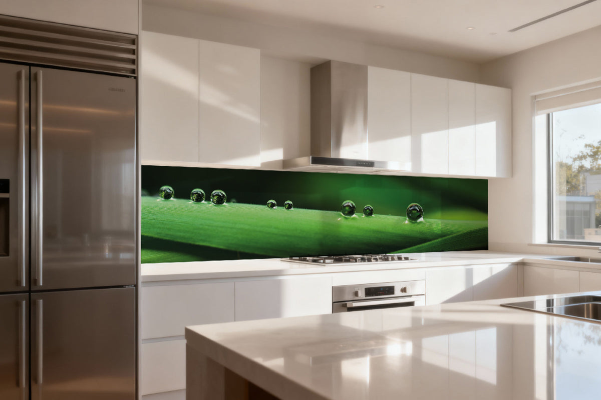 Küchenrückwand Grüne Blätter mit Tautropfen