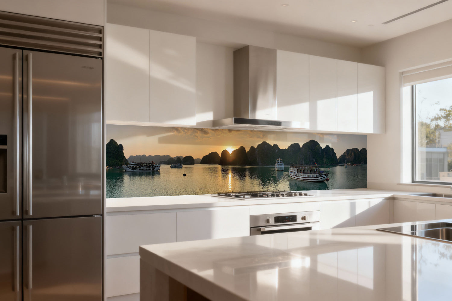 Küchenrückwand Panorama mit Booten und Felsen