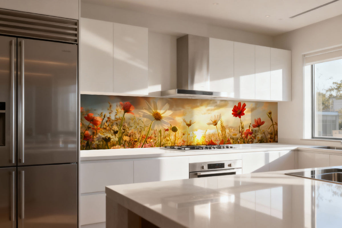 Küchenrückwand Blumenwiese im Sonnenuntergang