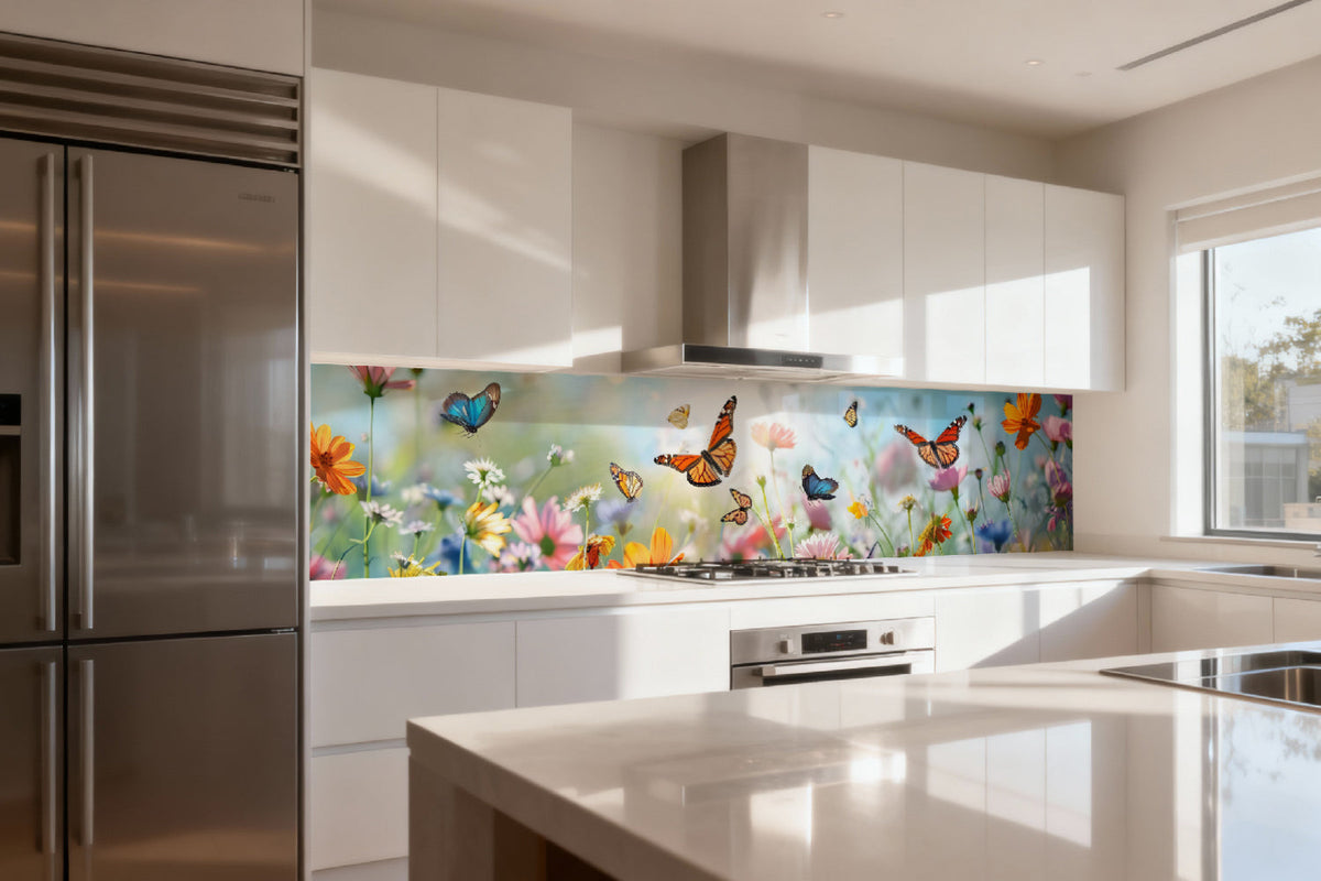 Küchenrückwand Schmetterlinge und Blumenwiese