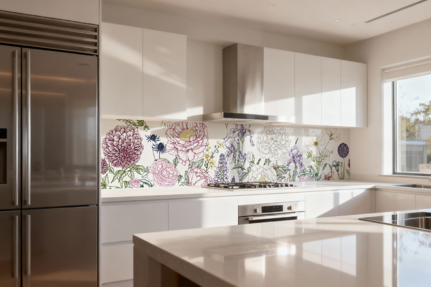 Küchenrückwand Botanische Blumenzeichnung