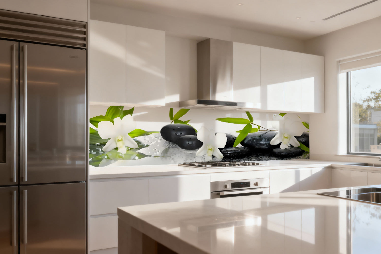 Küchenrückwand Zen mit Orchideen und Steinen