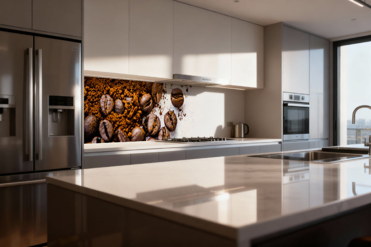 Küchenrückwand Kaffeebohnen und Pulver