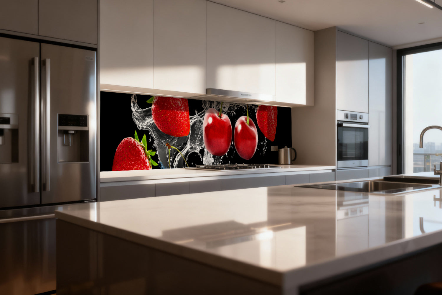 Küchenrückwand mit Erdbeeren und Kirschen