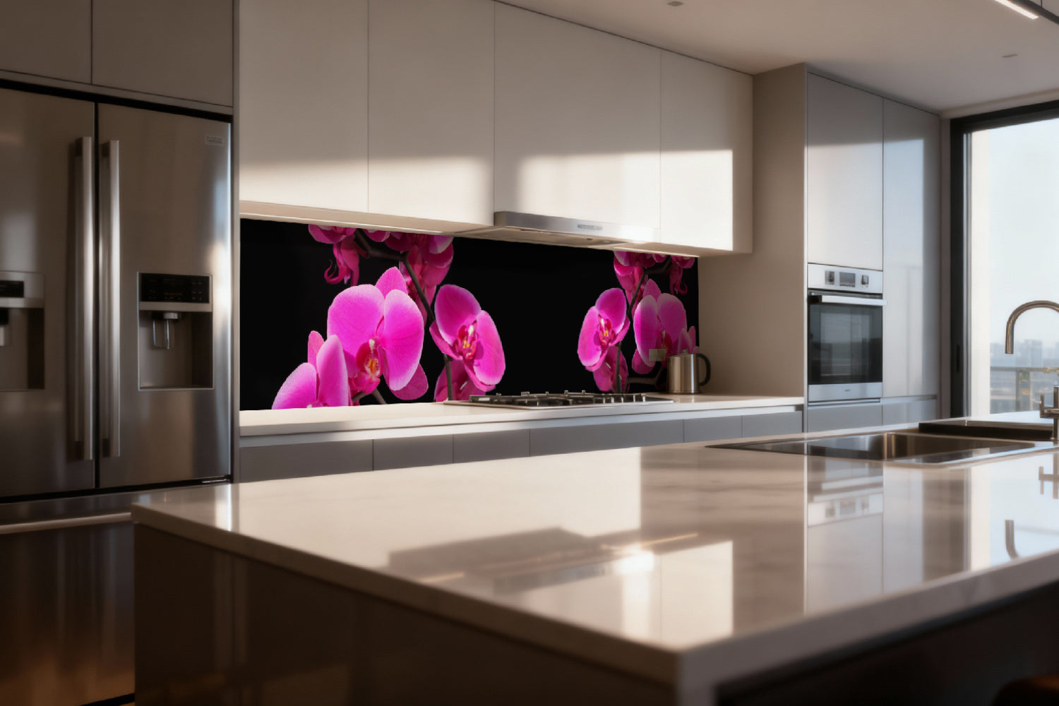 Küchenrückwand mit Orchideenblüten