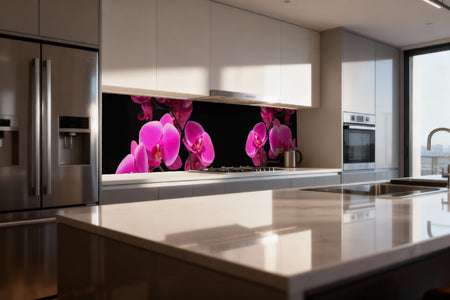Küchenrückwand mit Orchideenblüten