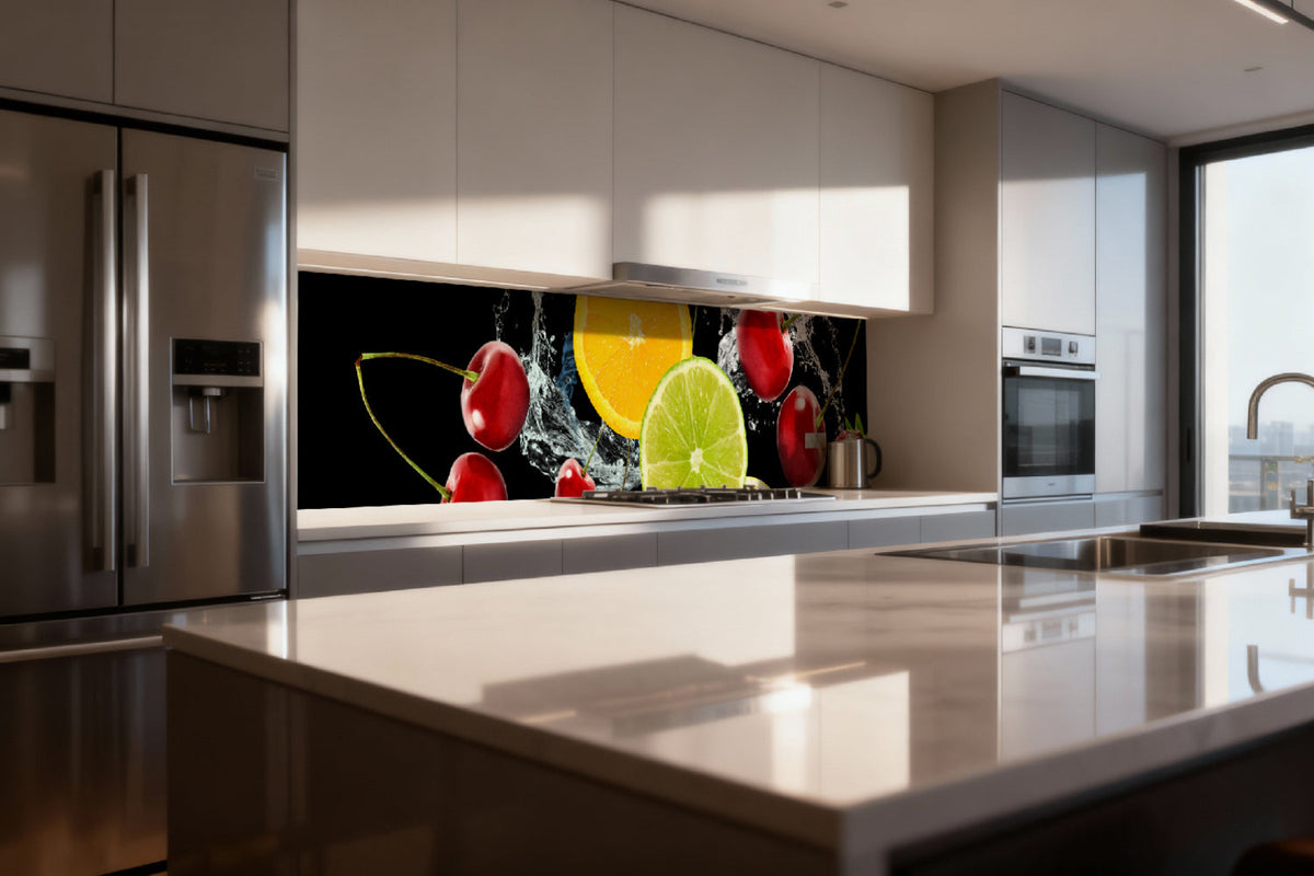 Küchenrückwand mit Obst & Wasser