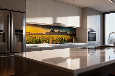 Küchenrückwand Sonnenblumenfeld im Sonnenlicht