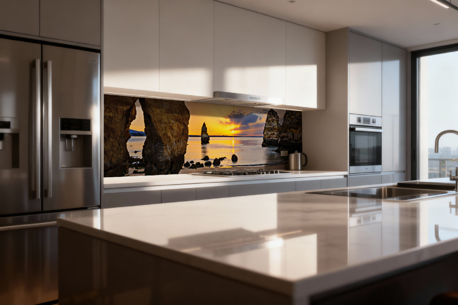 Küchenrückwand Sonnenuntergang am Felsenstrand