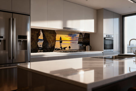 Küchenrückwand Sonnenuntergang am Felsenstrand