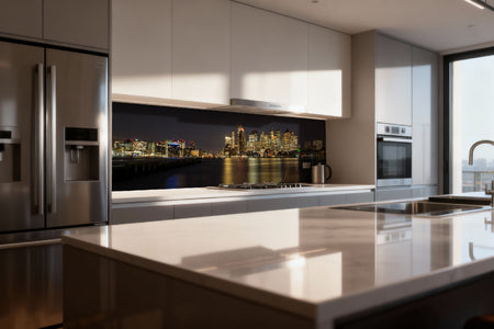 Küchenrückwand Stadtpanorama am Wasser