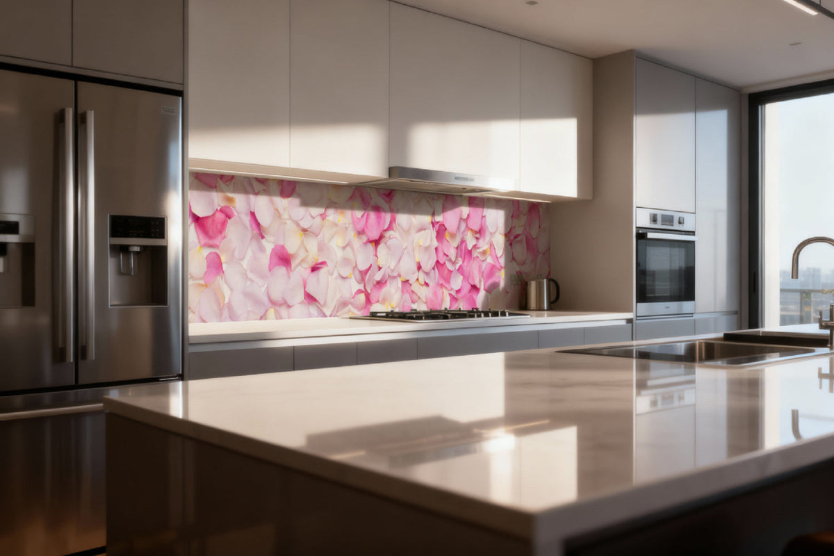 Küchenrückwand Rosenblätter in Rosa & Weiß