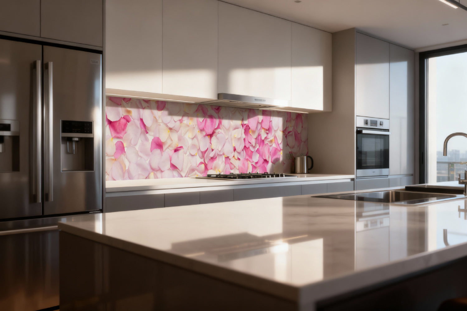 Küchenrückwand Rosenblätter in Rosa & Weiß