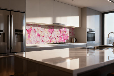 Küchenrückwand Rosenblätter in Rosa & Weiß