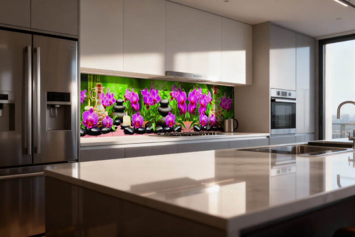 Küchenrückwand Wellnessmotiv – Orchideen, Steine & Kerzen