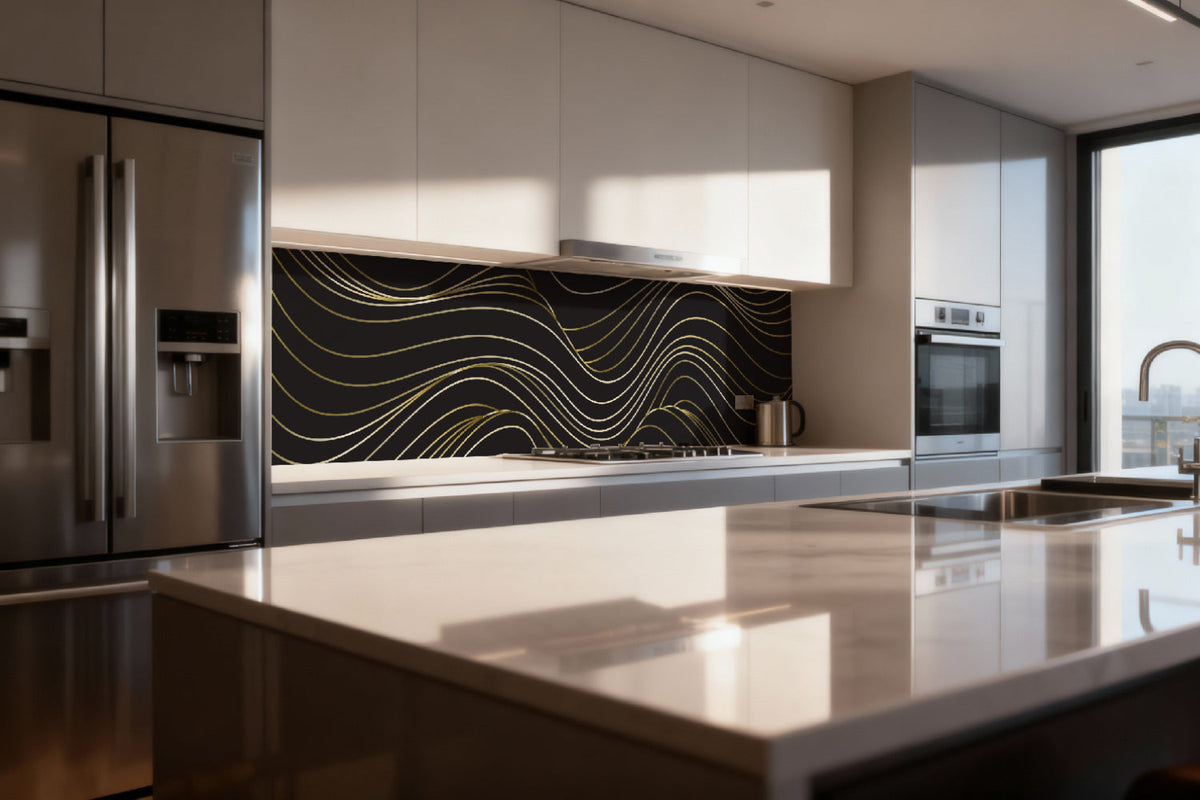 Küchenrückwand Schwarz Gold Wellen Design
