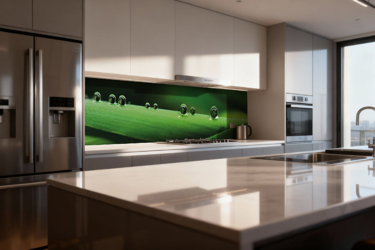 Küchenrückwand Grüne Blätter mit Tautropfen