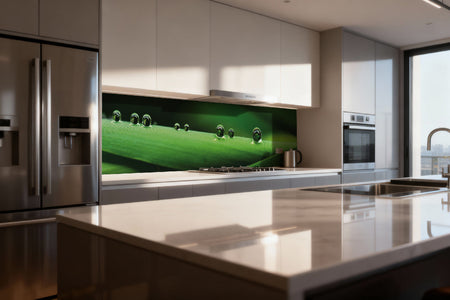 Küchenrückwand Grüne Blätter mit Tautropfen