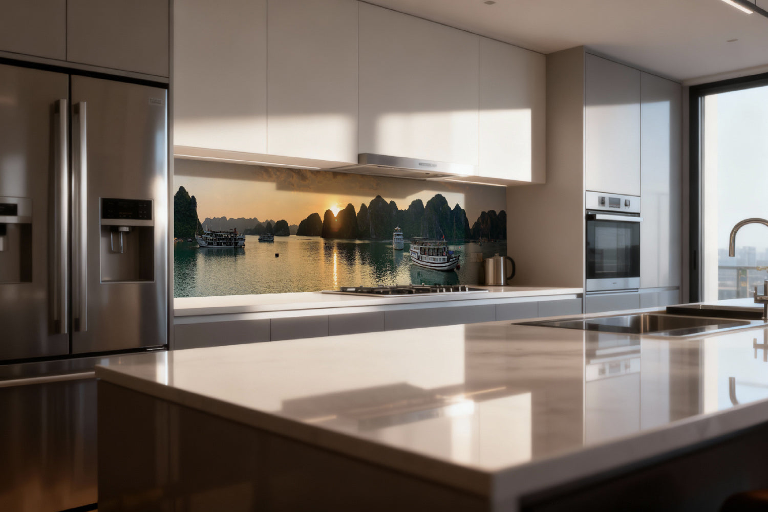 Küchenrückwand Panorama mit Booten und Felsen