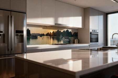 Küchenrückwand Panorama mit Booten und Felsen