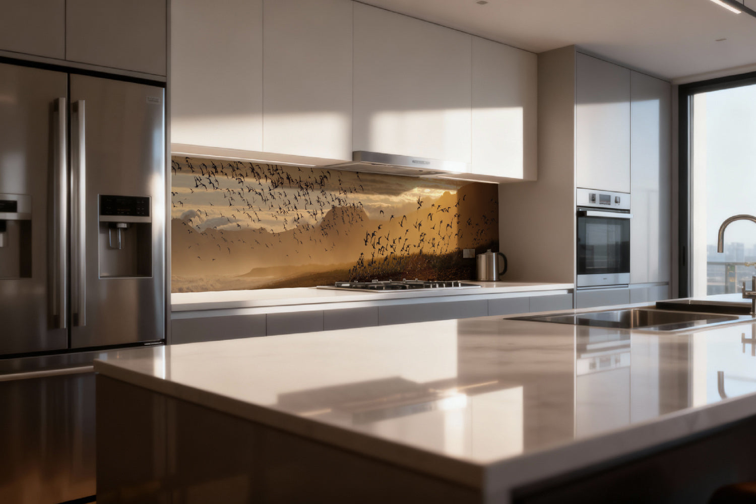 Küchenrückwand Sonnenlicht und Vogelschwarm