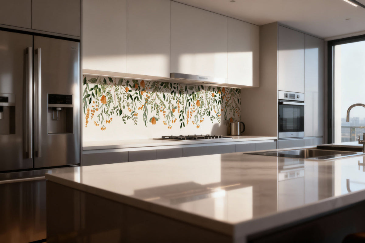 Küchenrückwand Blätter und Blüten Aquarellstil