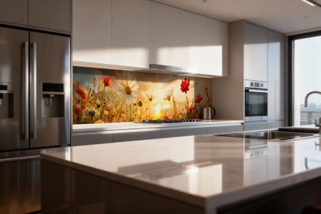 Küchenrückwand Blumenwiese im Sonnenuntergang