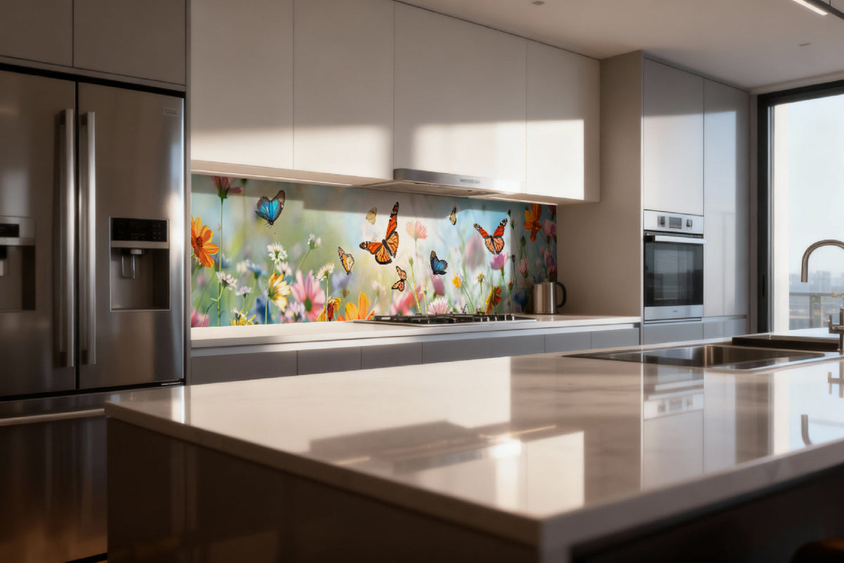 Küchenrückwand Schmetterlinge und Blumenwiese