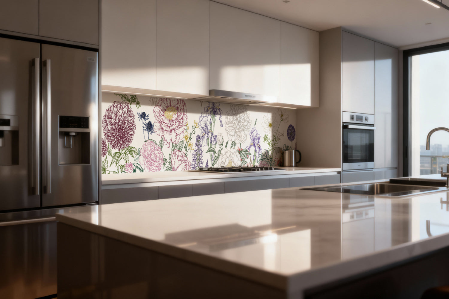 Küchenrückwand Botanische Blumenzeichnung