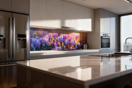 Küchenrückwand Lila Blumen im Sonnenlicht