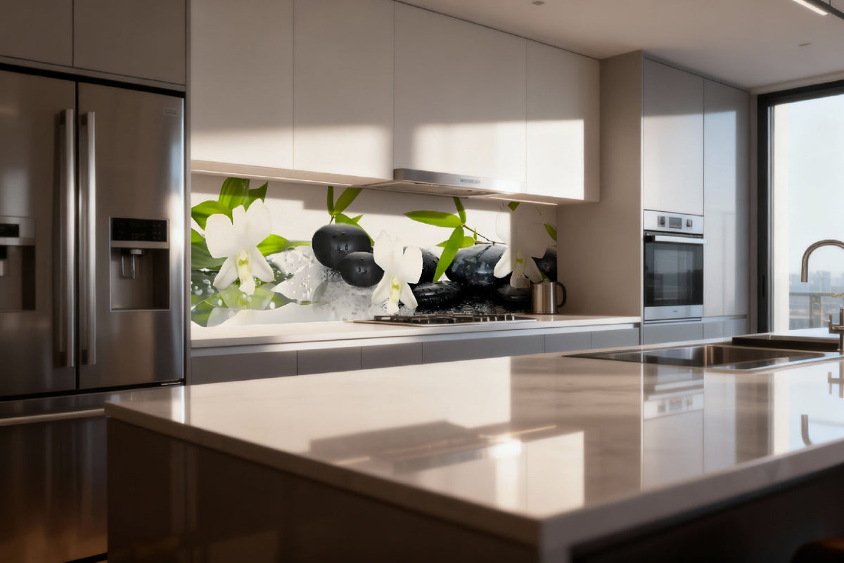 Küchenrückwand Zen mit Orchideen und Steinen