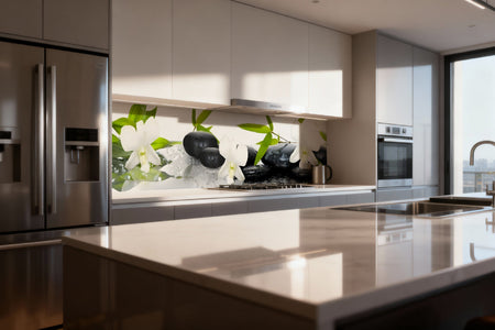 Küchenrückwand Zen mit Orchideen und Steinen