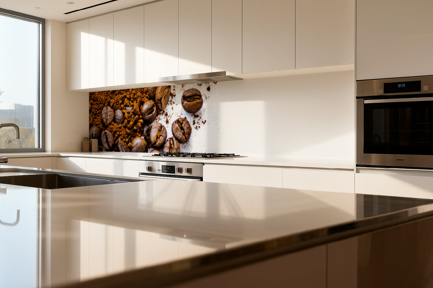 Küchenrückwand Kaffeebohnen und Pulver