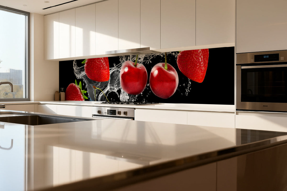 Küchenrückwand mit Erdbeeren und Kirschen