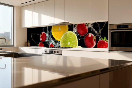 Küchenrückwand mit Obst & Wasser