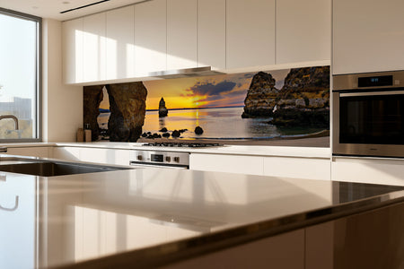 Küchenrückwand Sonnenuntergang am Felsenstrand
