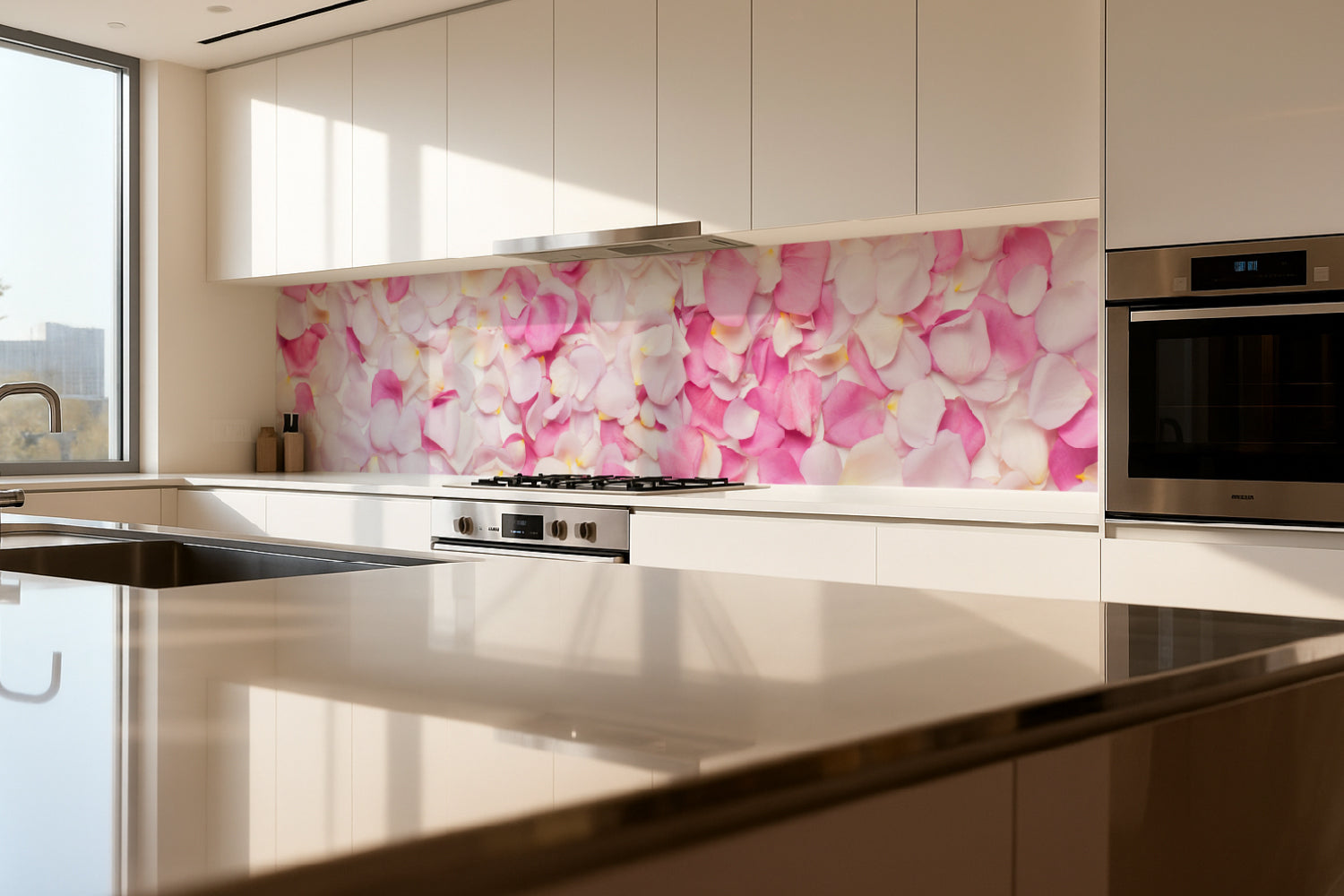 Küchenrückwand Rosenblätter in Rosa & Weiß